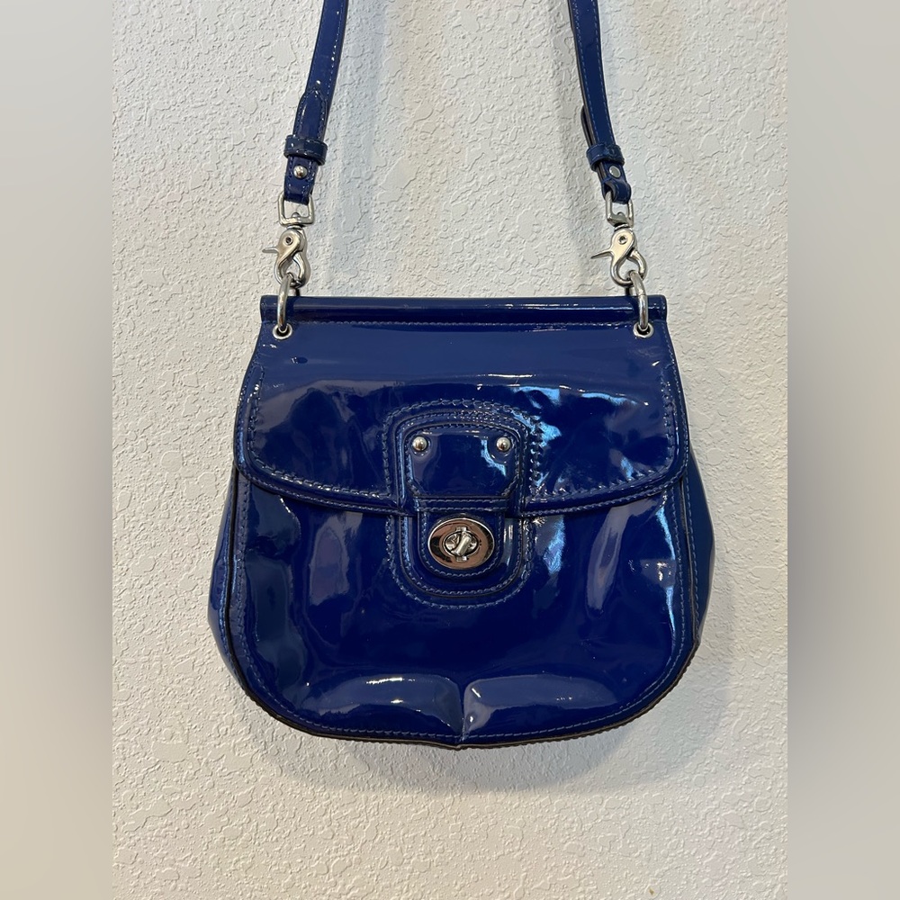 Patent leather blue coach handbag